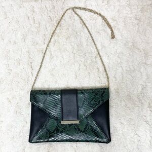 INC Green Snakeskin Envelope Clutch Chain Crossbody Bag Purse